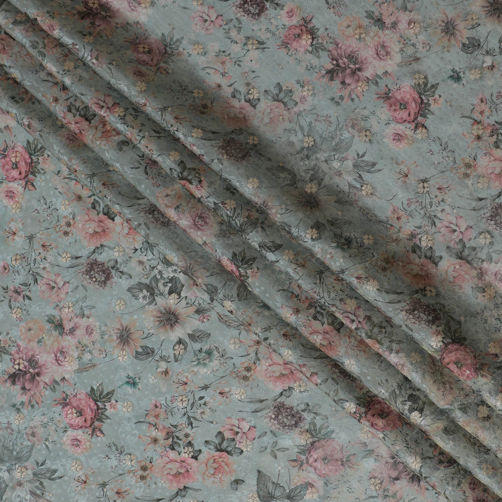 Elegant Dusty Blue Viscose Fabric with Romantic Floral Print, 110 cm Wide-D19207