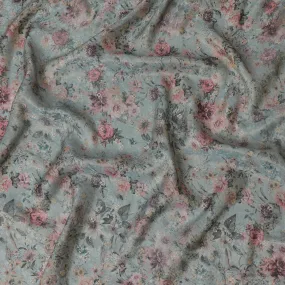 Elegant Dusty Blue Viscose Fabric with Romantic Floral Print, 110 cm Wide-D19207