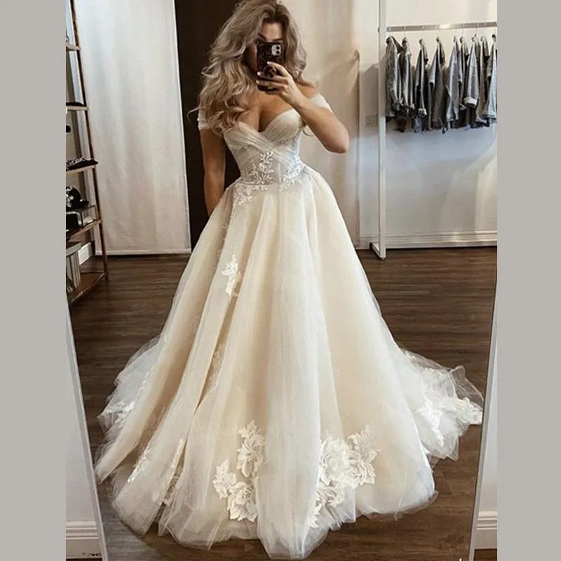 Elegant V-neck Off-shoulder A-line Lace Long Prom Dress Gown