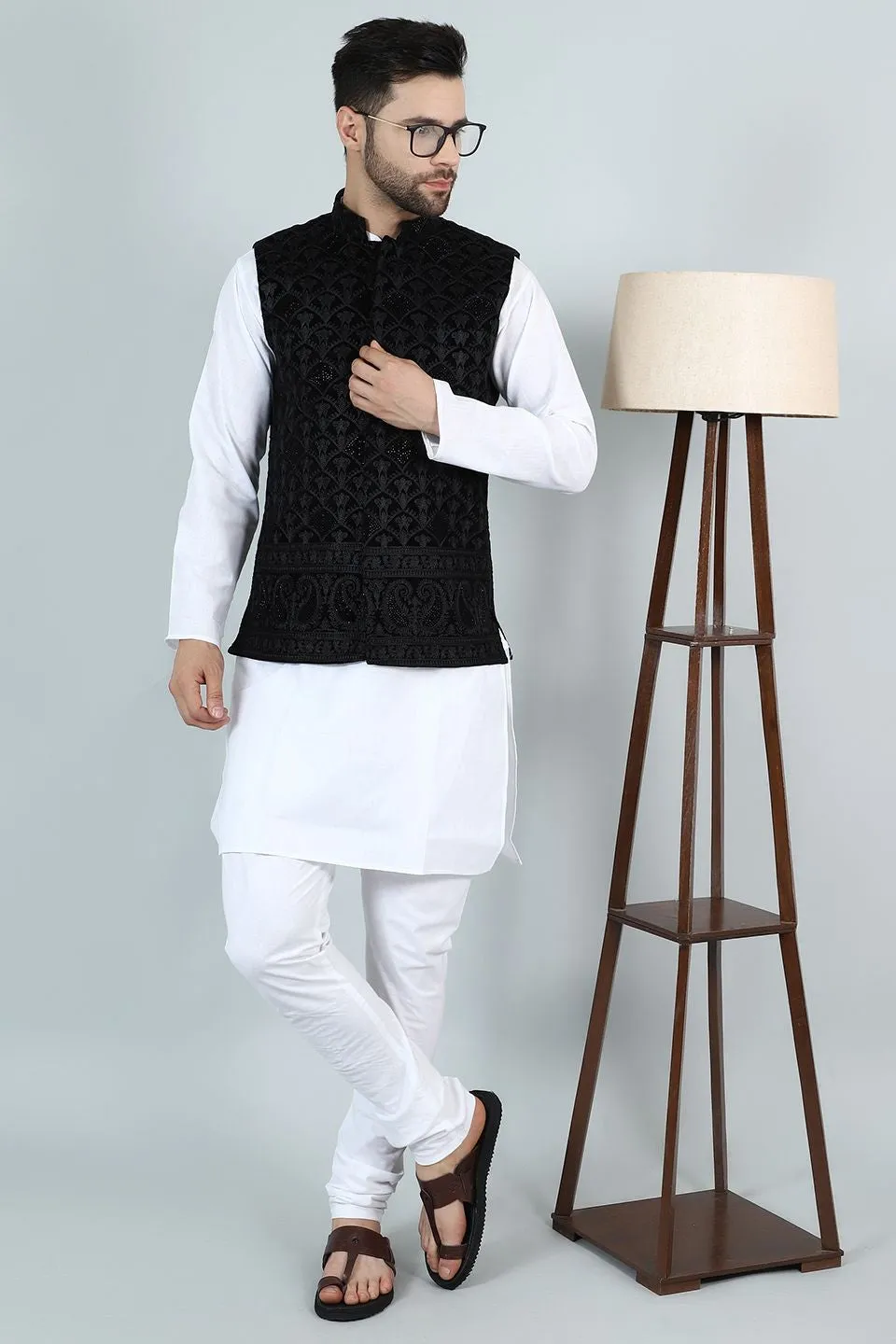 Embroidered Velvet Black Modi Nehru Jacket