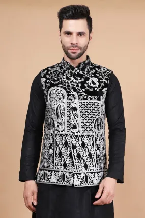 Embroidered Velvet Black Modi Nehru Jacket