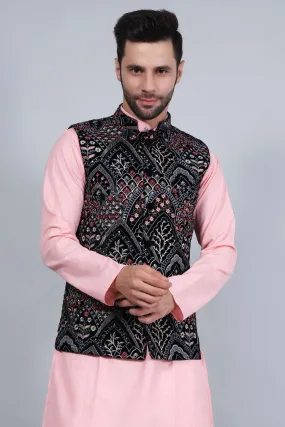 Embroidered Velvet Black Modi Nehru Jacket