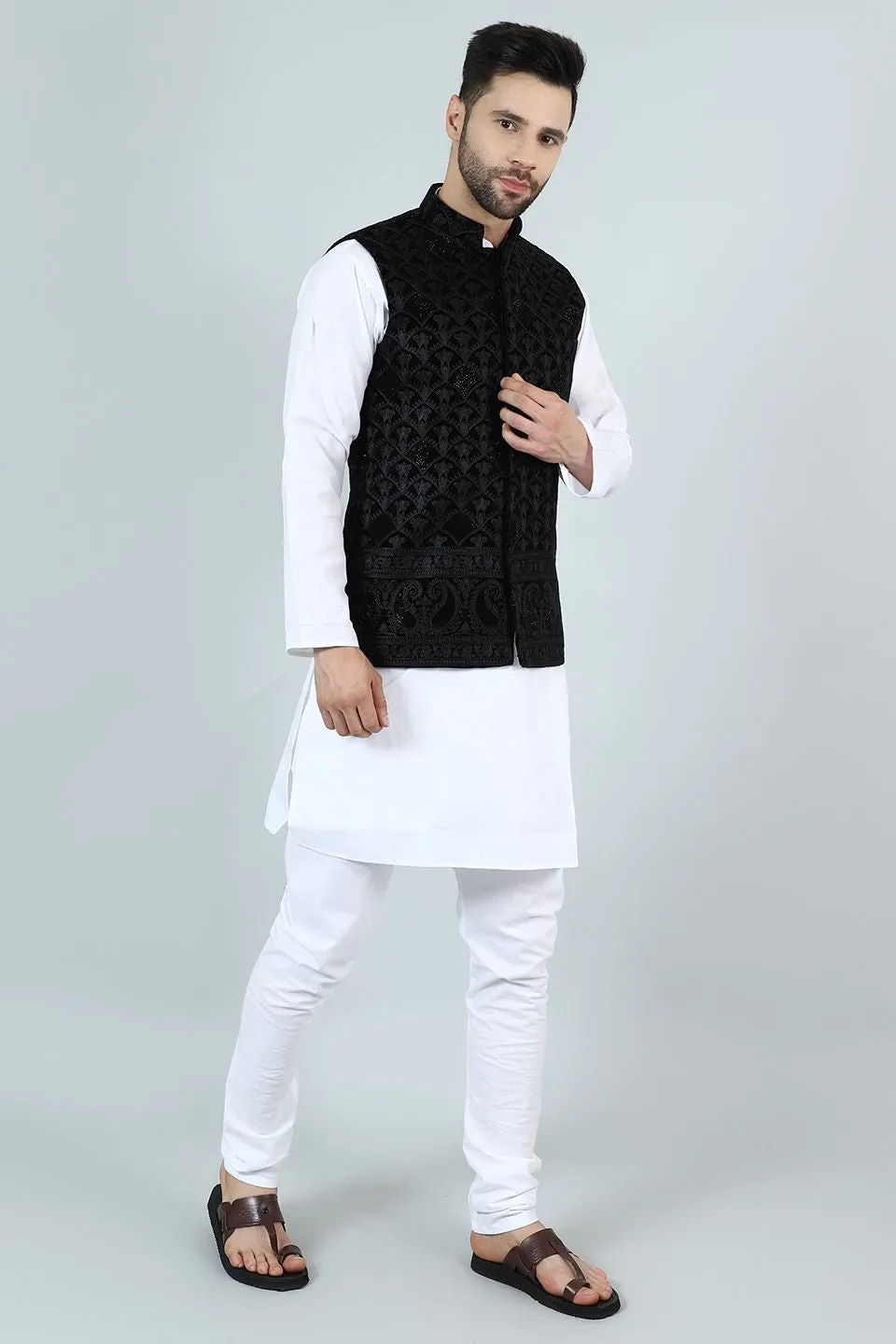 Embroidered Velvet Black Modi Nehru Jacket