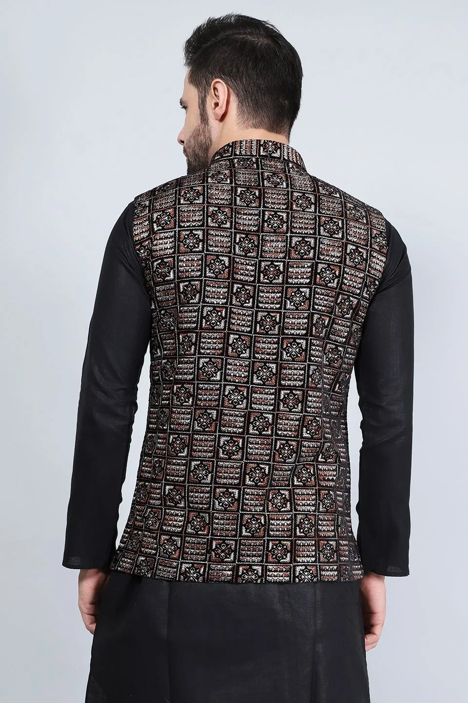 Embroidered Velvet Brown Modi Nehru Jacket