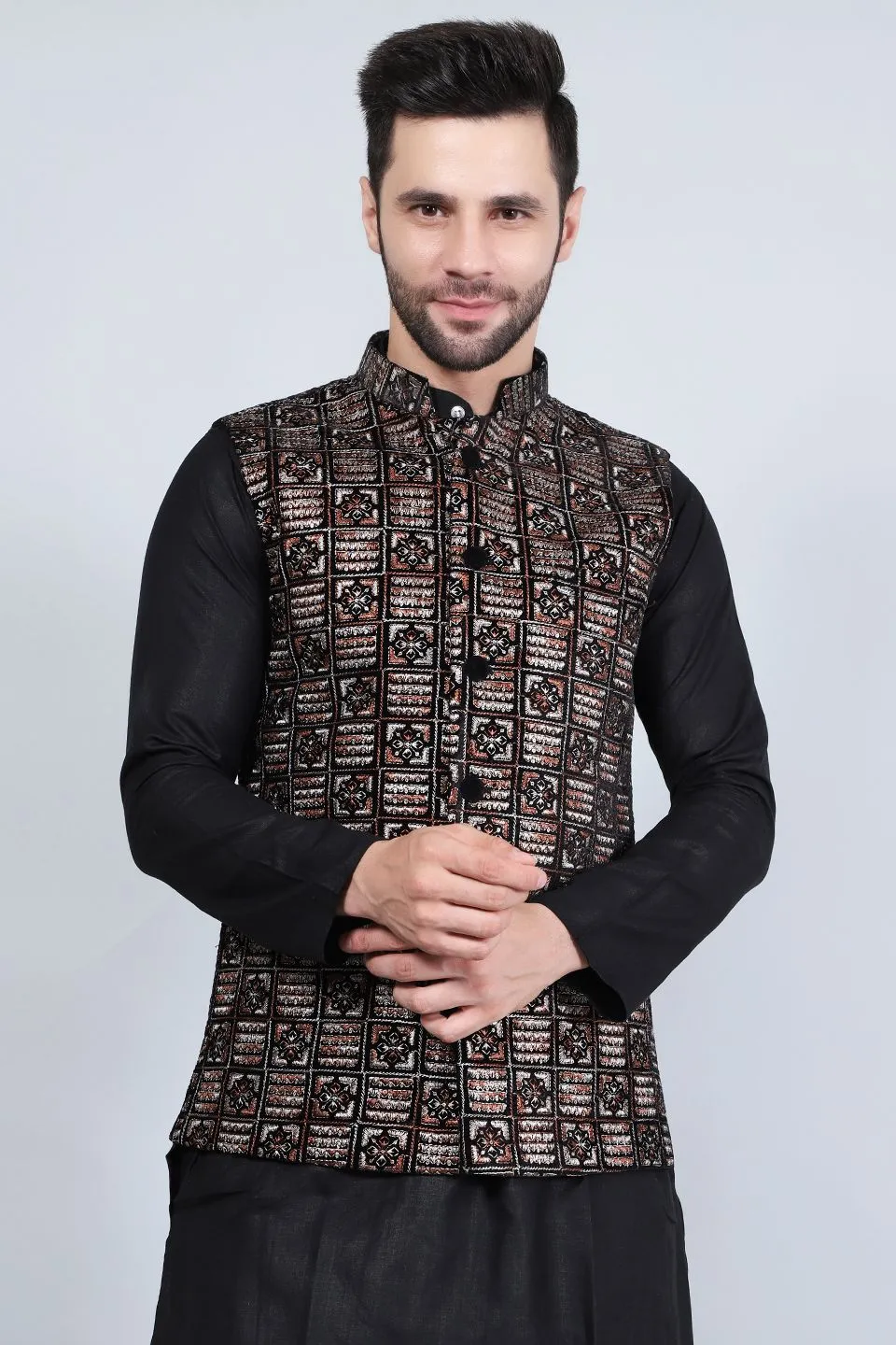 Embroidered Velvet Brown Modi Nehru Jacket