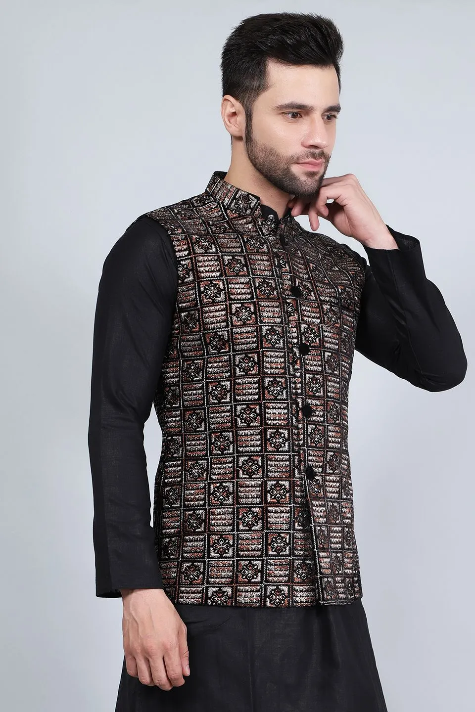 Embroidered Velvet Brown Modi Nehru Jacket