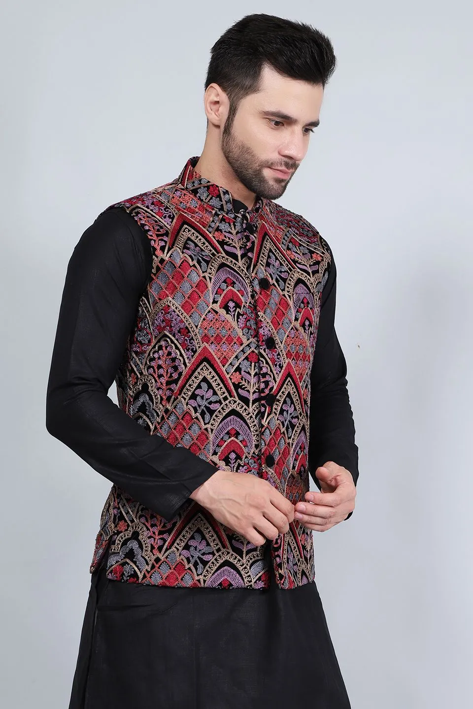 Embroidered Velvet Red Modi Nehru Jacket