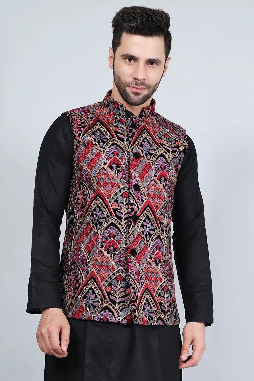 Embroidered Velvet Red Modi Nehru Jacket