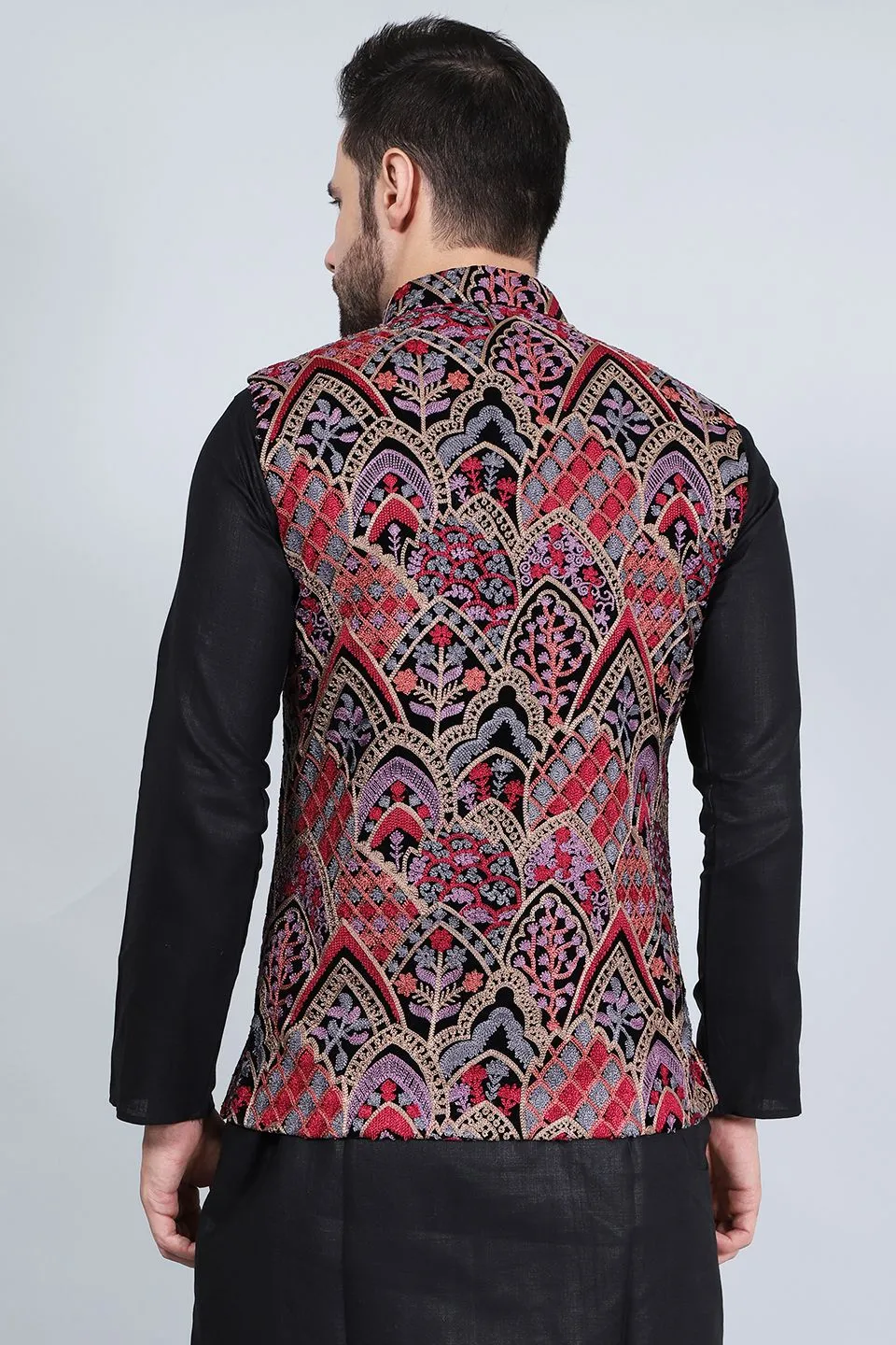 Embroidered Velvet Red Modi Nehru Jacket