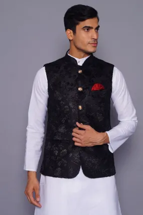 Emroidered Velvet Black Modi Nehru Jacket