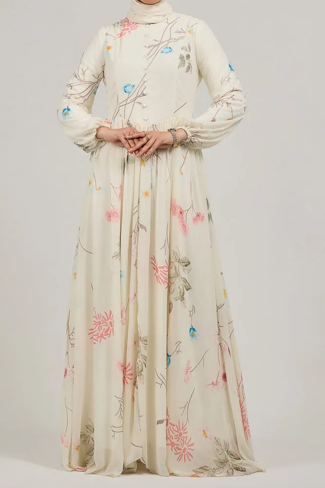 Ethereal Enchanting Blossom Chiffon Maxi Dress with Long Sleeves