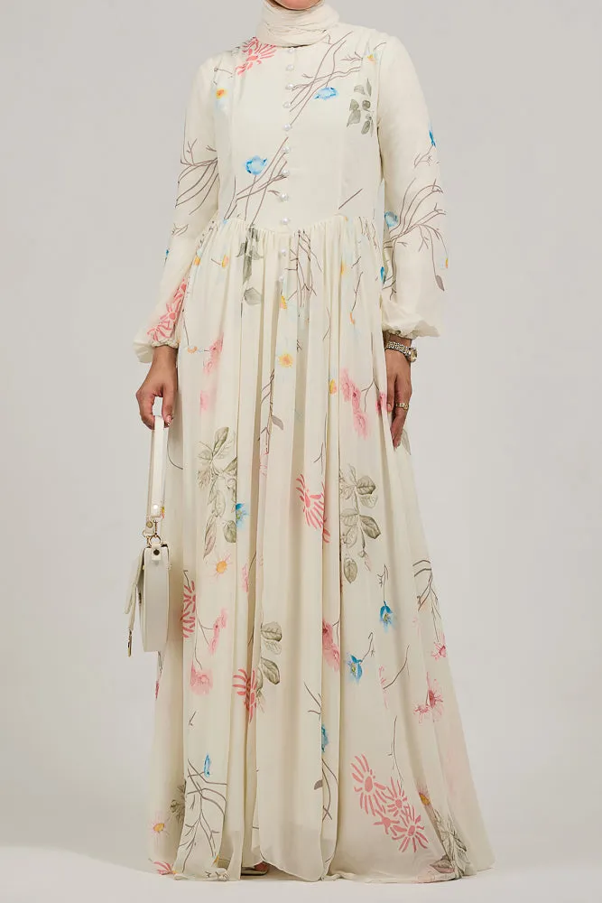 Ethereal Enchanting Blossom Chiffon Maxi Dress with Long Sleeves