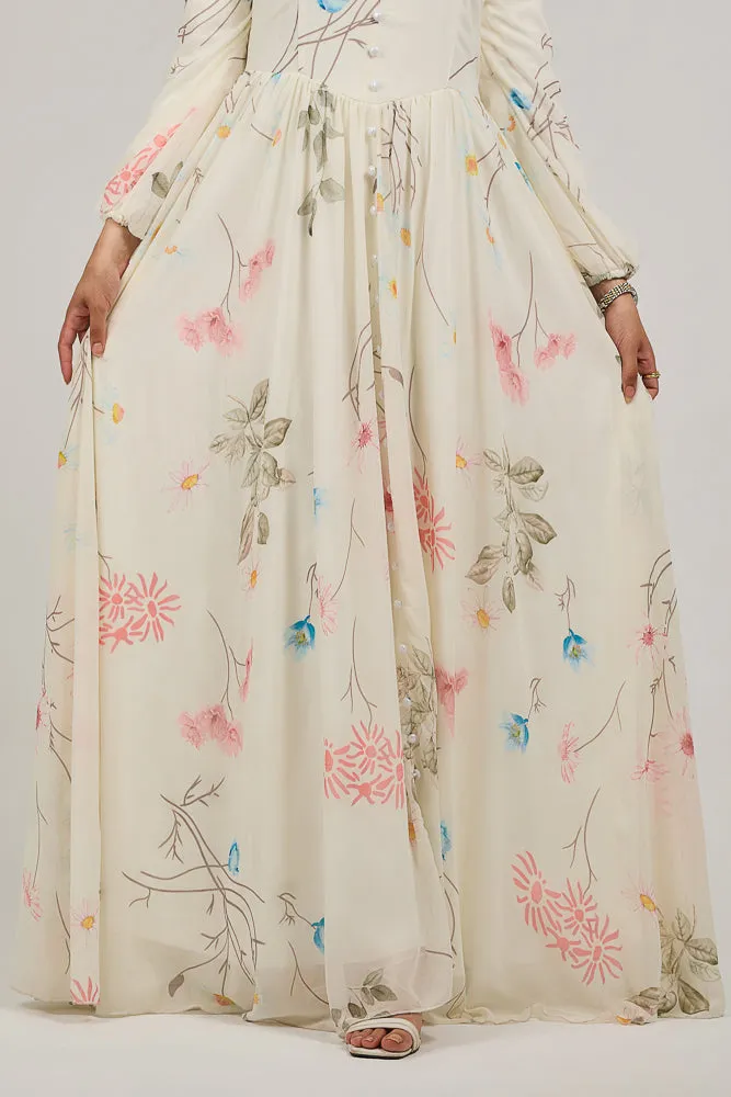 Ethereal Enchanting Blossom Chiffon Maxi Dress with Long Sleeves