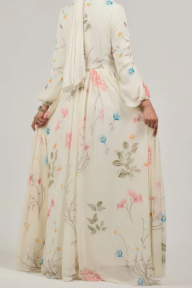 Ethereal Enchanting Blossom Chiffon Maxi Dress with Long Sleeves