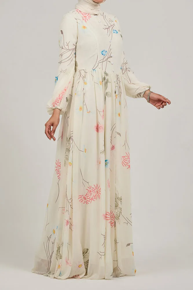 Ethereal Enchanting Blossom Chiffon Maxi Dress with Long Sleeves