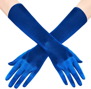 Fancydresswale hand Gloves for women for parties, long colourful satin hand cover 38 cm; Royal Blue