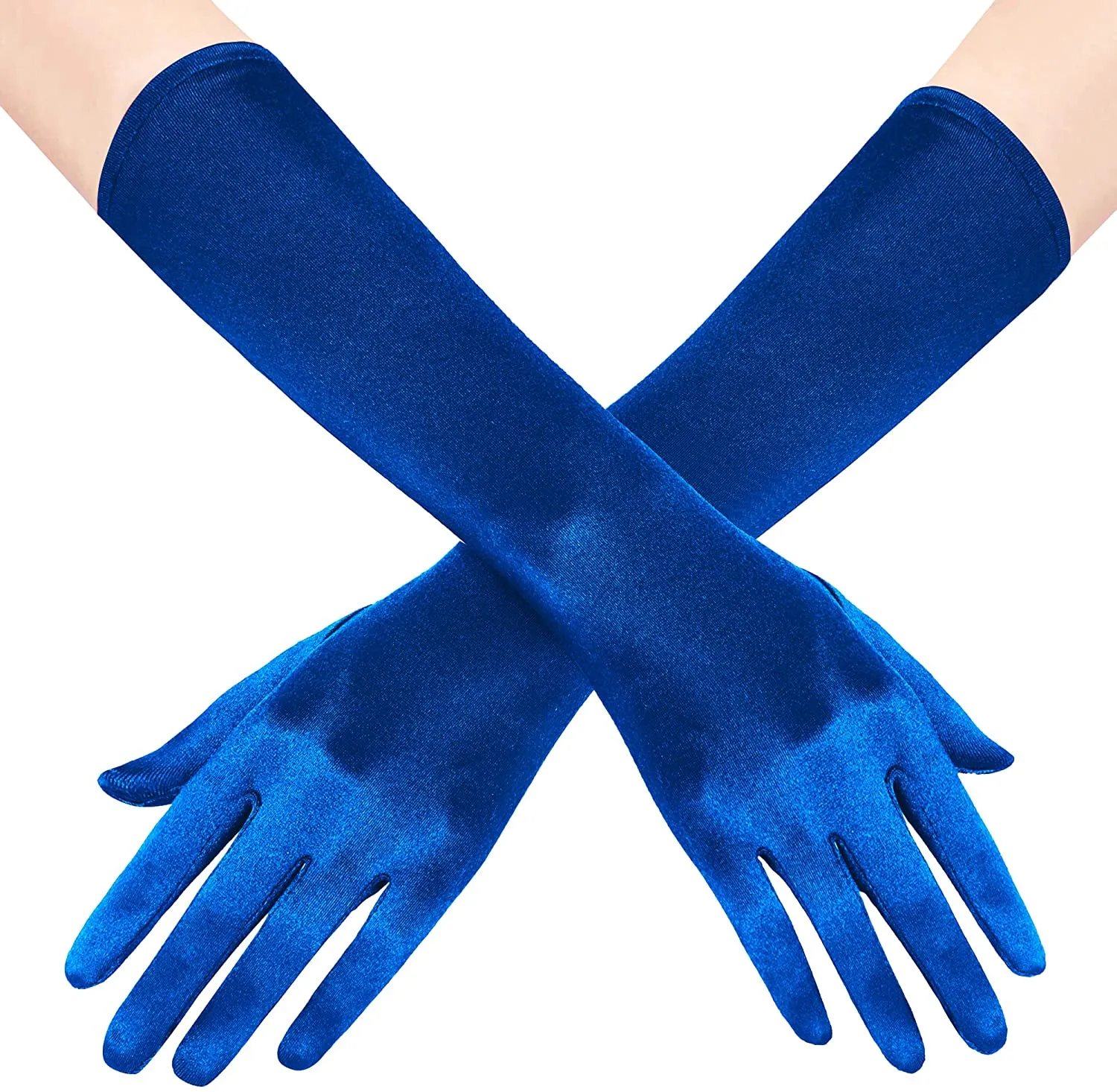 Fancydresswale hand Gloves for women for parties, long colourful satin hand cover 38 cm; Royal Blue