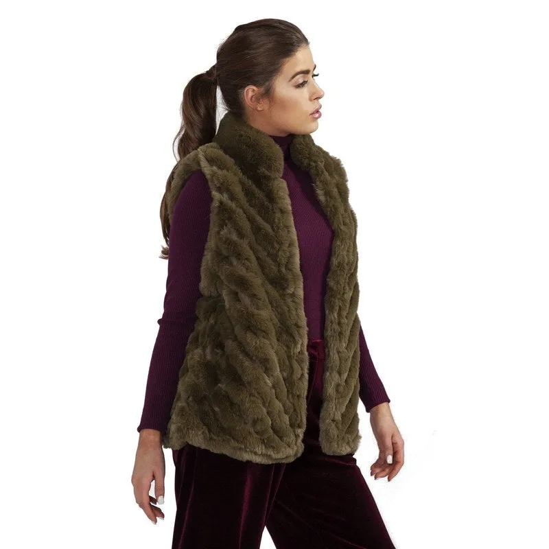 Faux Fur Diagonal Striped Gilet Green