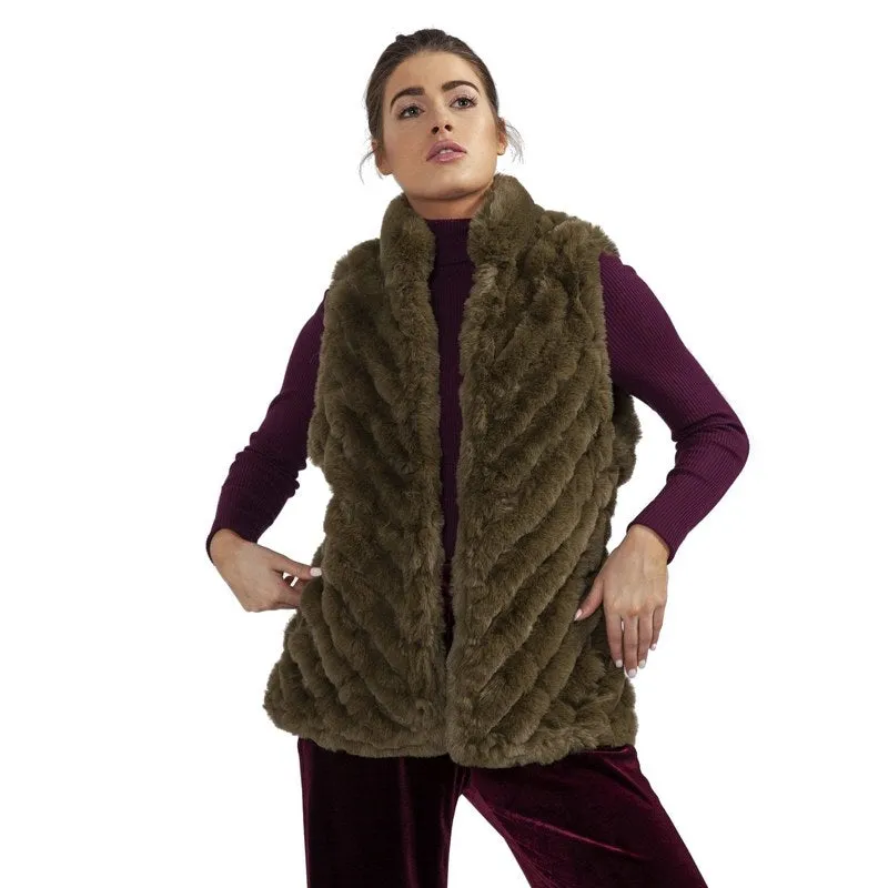 Faux Fur Diagonal Striped Gilet Green