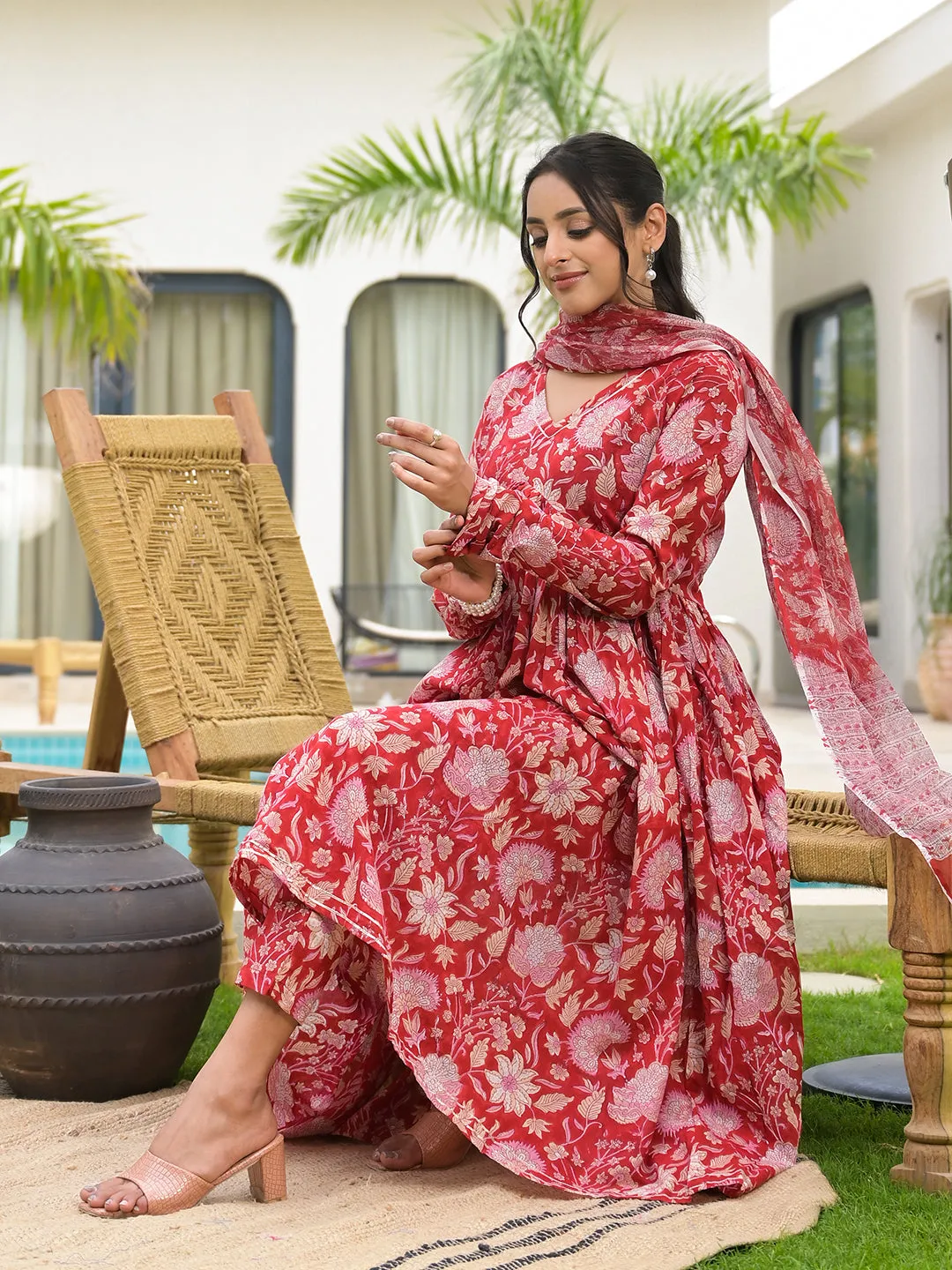 Floral Printed Red Cotton Alia Cut Kurta Set For Women