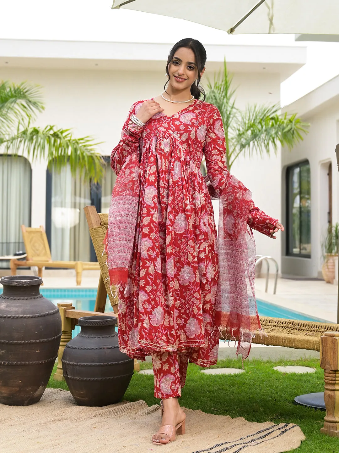 Floral Printed Red Cotton Alia Cut Kurta Set For Women