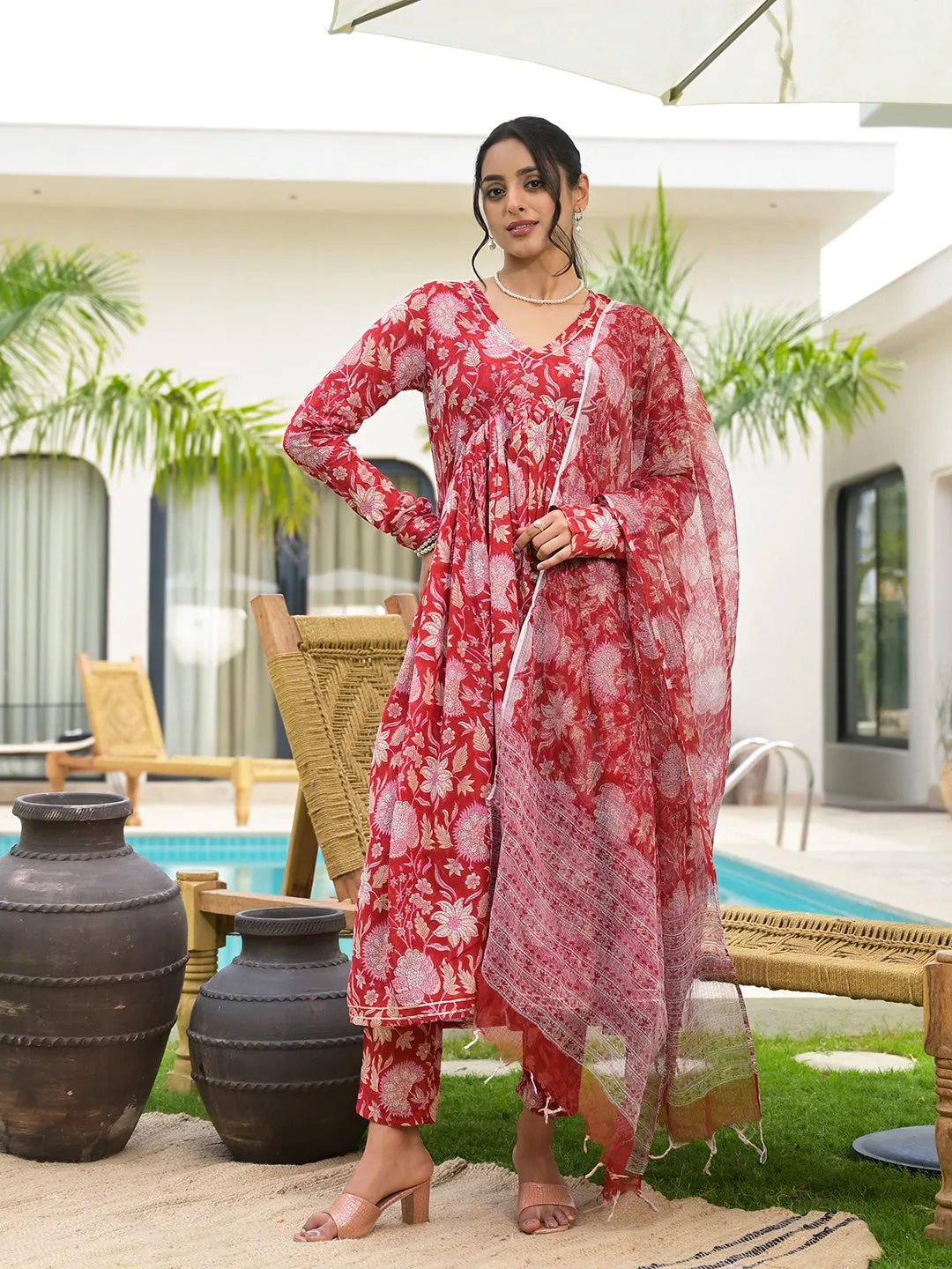 Floral Printed Red Cotton Alia Cut Kurta Set For Women