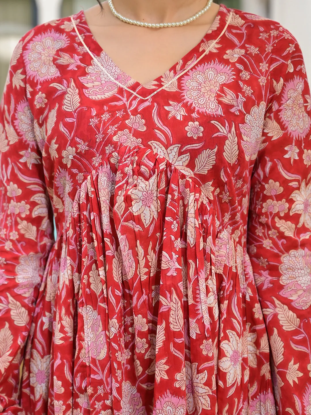 Floral Printed Red Cotton Alia Cut Kurta Set For Women