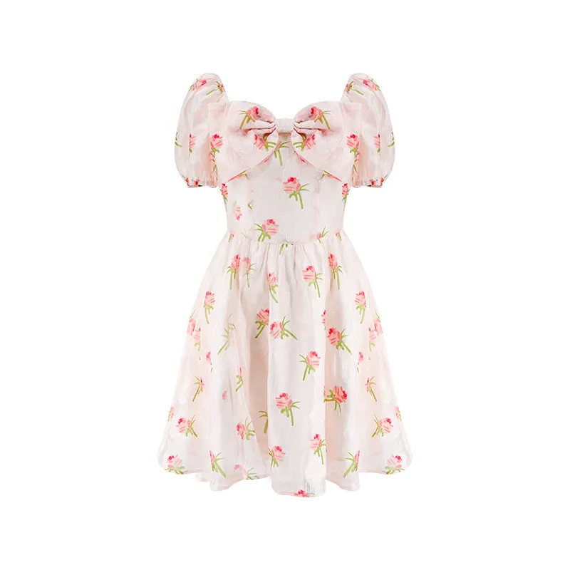 FLYTONN-spring summer dress Vacation photography outfits Pink Tulip Bow Romper ~