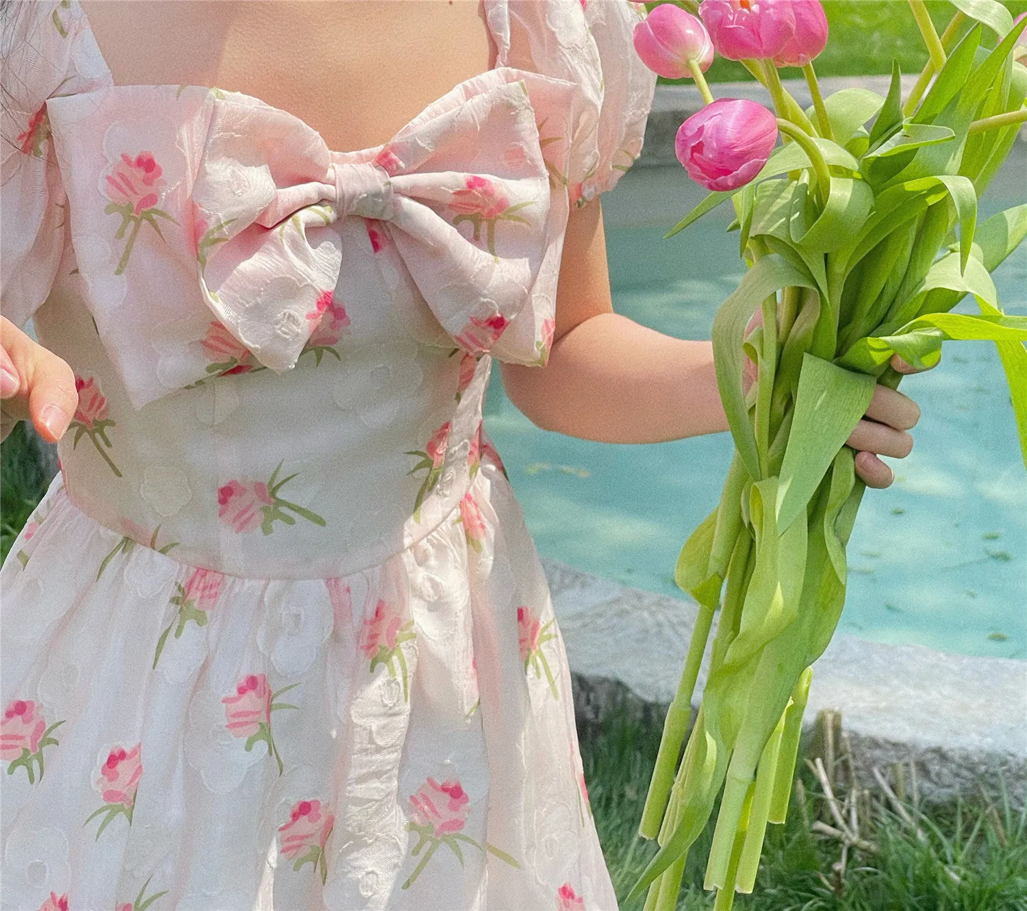 FLYTONN-spring summer dress Vacation photography outfits Pink Tulip Bow Romper ~