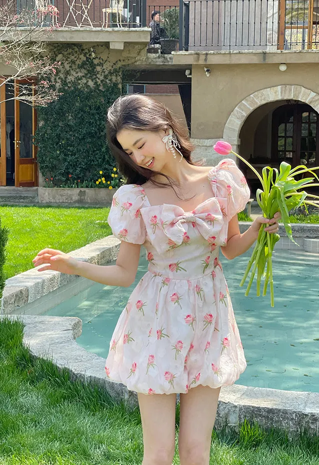 FLYTONN-spring summer dress Vacation photography outfits Pink Tulip Bow Romper ~