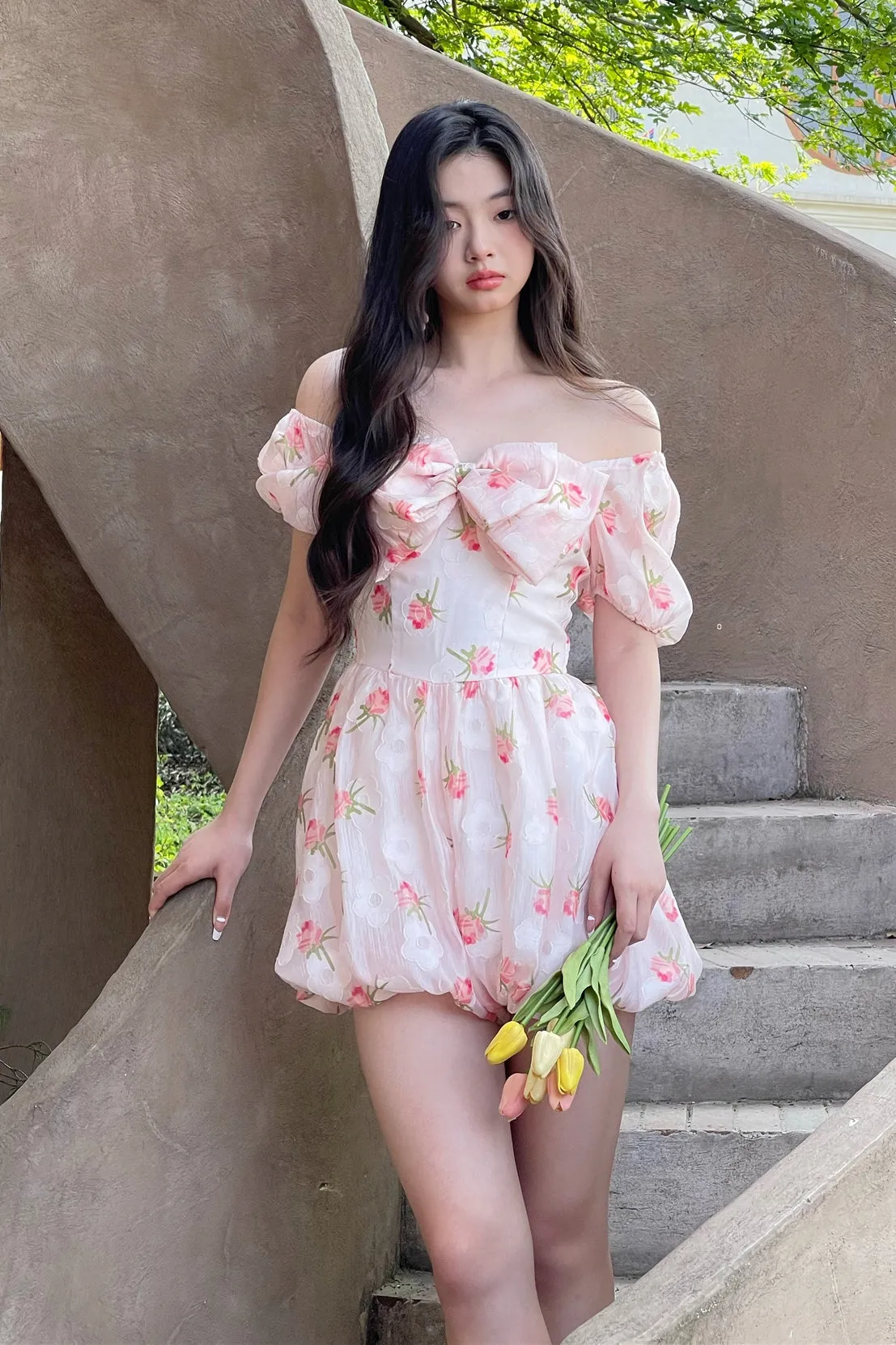 FLYTONN-spring summer dress Vacation photography outfits Pink Tulip Bow Romper ~