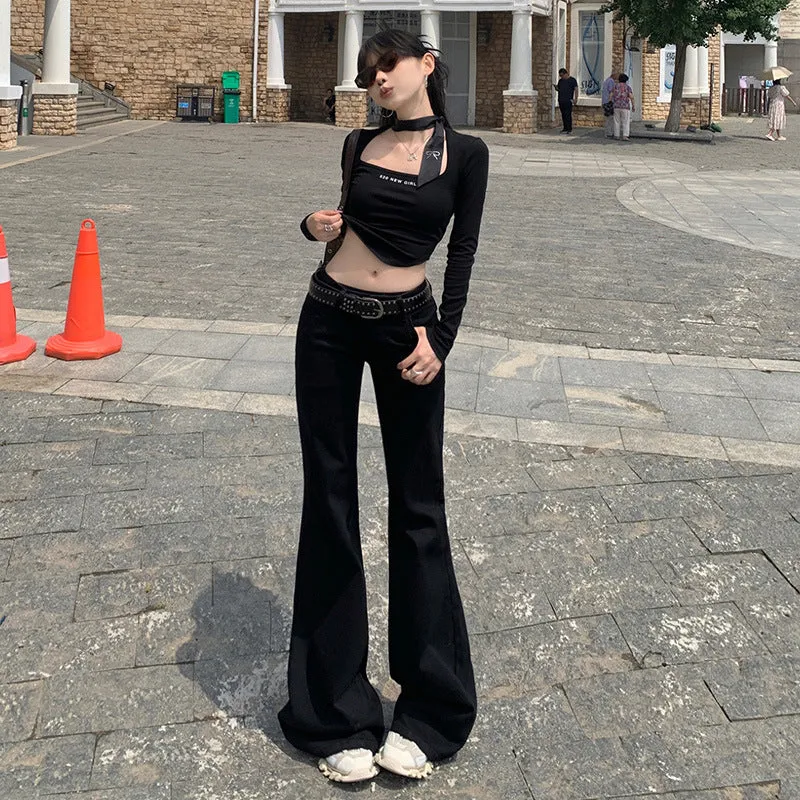 Girlary-shop 90s fashion American-Style Black Thin Velvet Skinny Jeans for Women 2024 Autumn and Winter New Low Waist Wide Leg Slimming Versatile Flared Pants