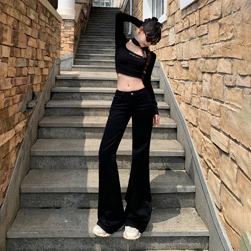 Girlary-shop 90s fashion American-Style Black Thin Velvet Skinny Jeans for Women 2024 Autumn and Winter New Low Waist Wide Leg Slimming Versatile Flared Pants