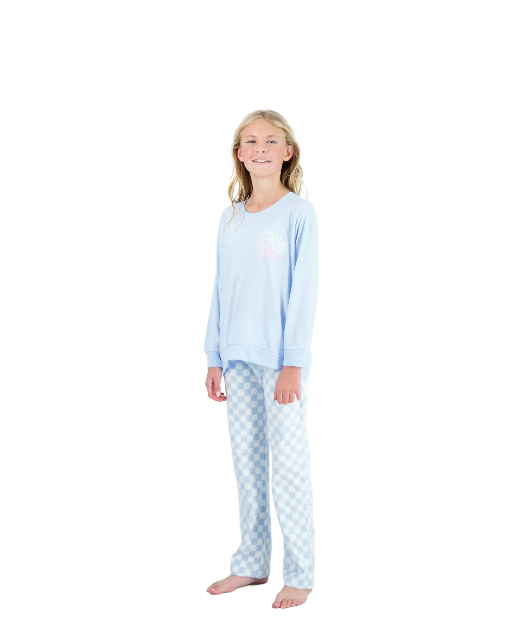 Girls 2-Piece Fleece Pajama Sets- Great Day, Blue & White Pajama Set for Girls