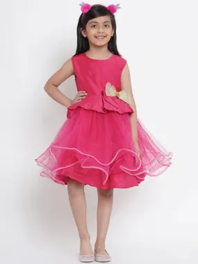 Girl's Fuchsia Pink Embellished Fit And Flare Dress  - NOZ2TOZ KIDS