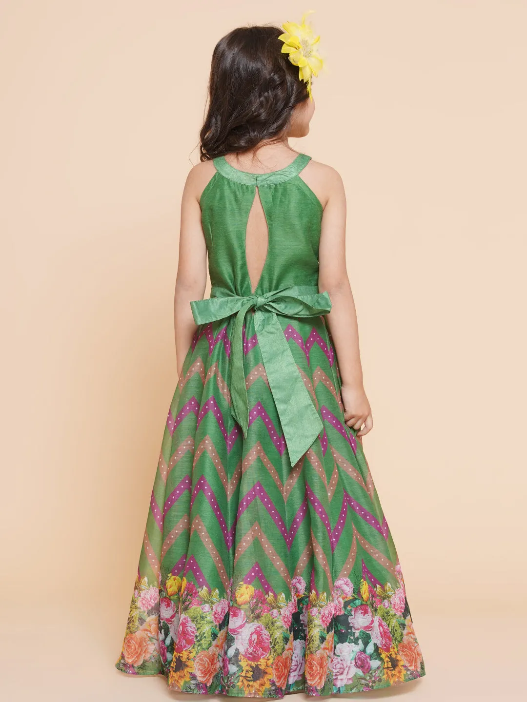 Girls Green Zig Zag Flower Digital Printed Fit & Flared Maxi Dress.