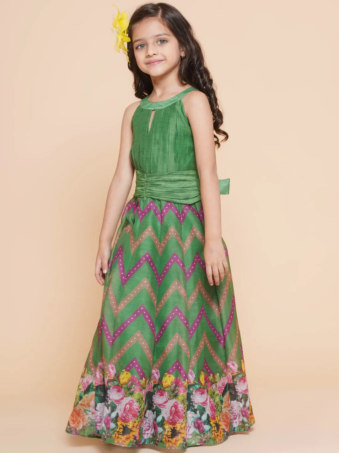 Girls Green Zig Zag Flower Digital Printed Fit & Flared Maxi Dress.