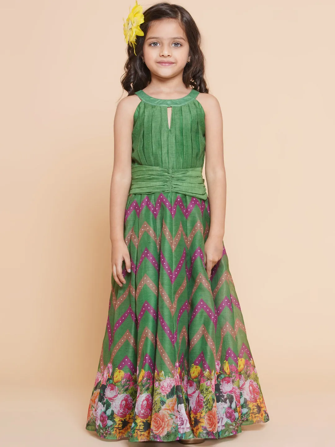 Girls Green Zig Zag Flower Digital Printed Fit & Flared Maxi Dress.