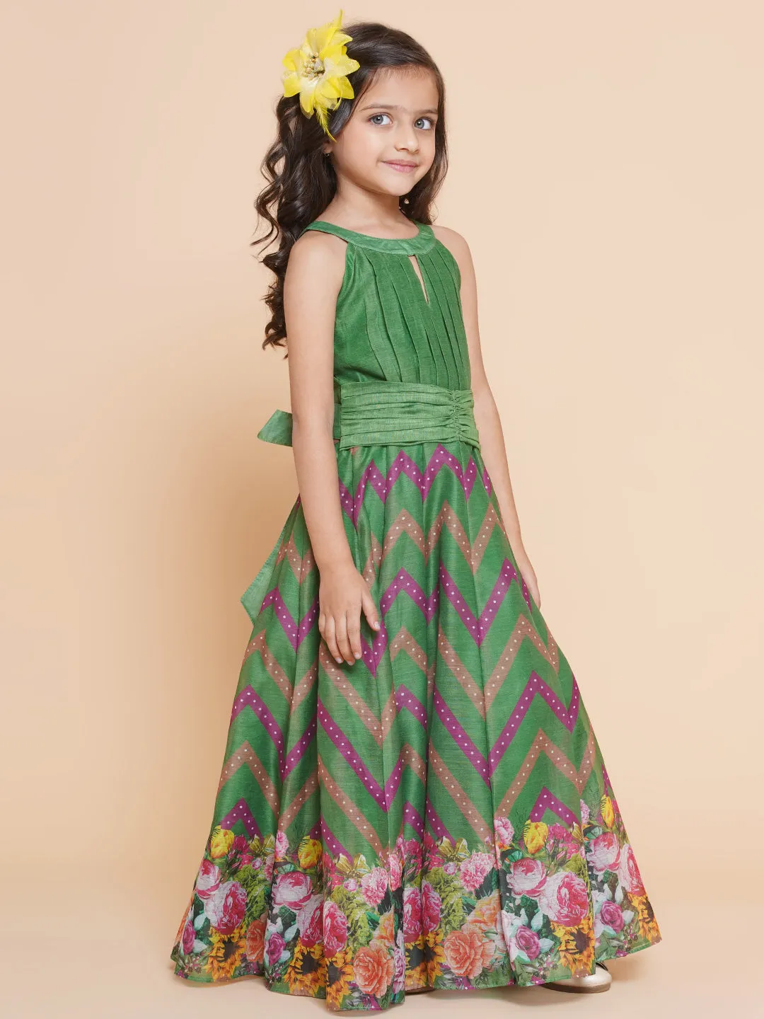 Girls Green Zig Zag Flower Digital Printed Fit & Flared Maxi Dress.