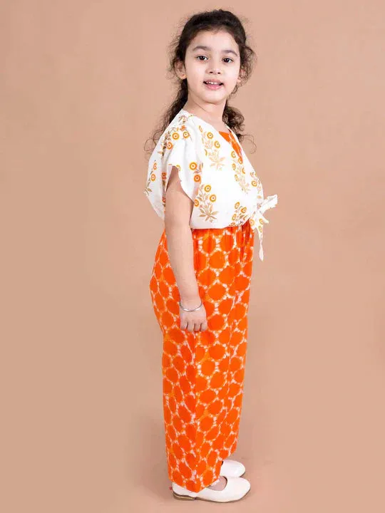 Girls Orange White Printed Cotton Basic Jumpsuit - Ps Peaches