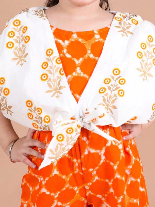 Girls Orange White Printed Cotton Basic Jumpsuit - Ps Peaches