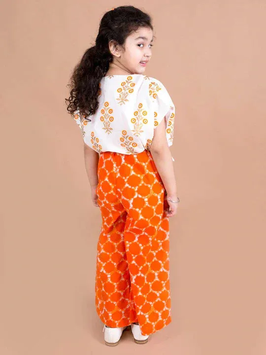 Girls Orange White Printed Cotton Basic Jumpsuit - Ps Peaches