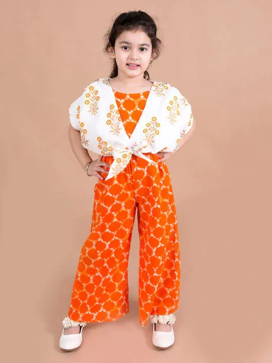 Girls Orange White Printed Cotton Basic Jumpsuit - Ps Peaches