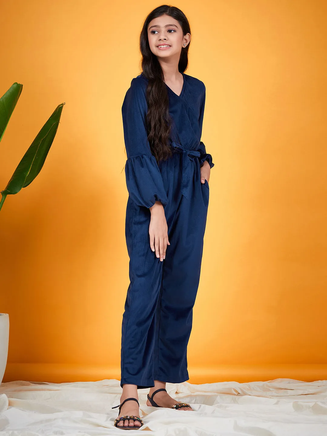 Girls Puff Sleeves Waist Tie Ups Basic Jumpsuit - Ps Peaches