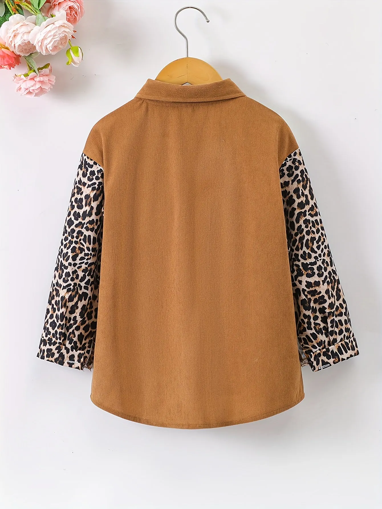 Girls Stylish Leopard Contrast Color Corduroy Long Sleeve Jacket Shirt Top With Pocket, Spring/Fall Clothing