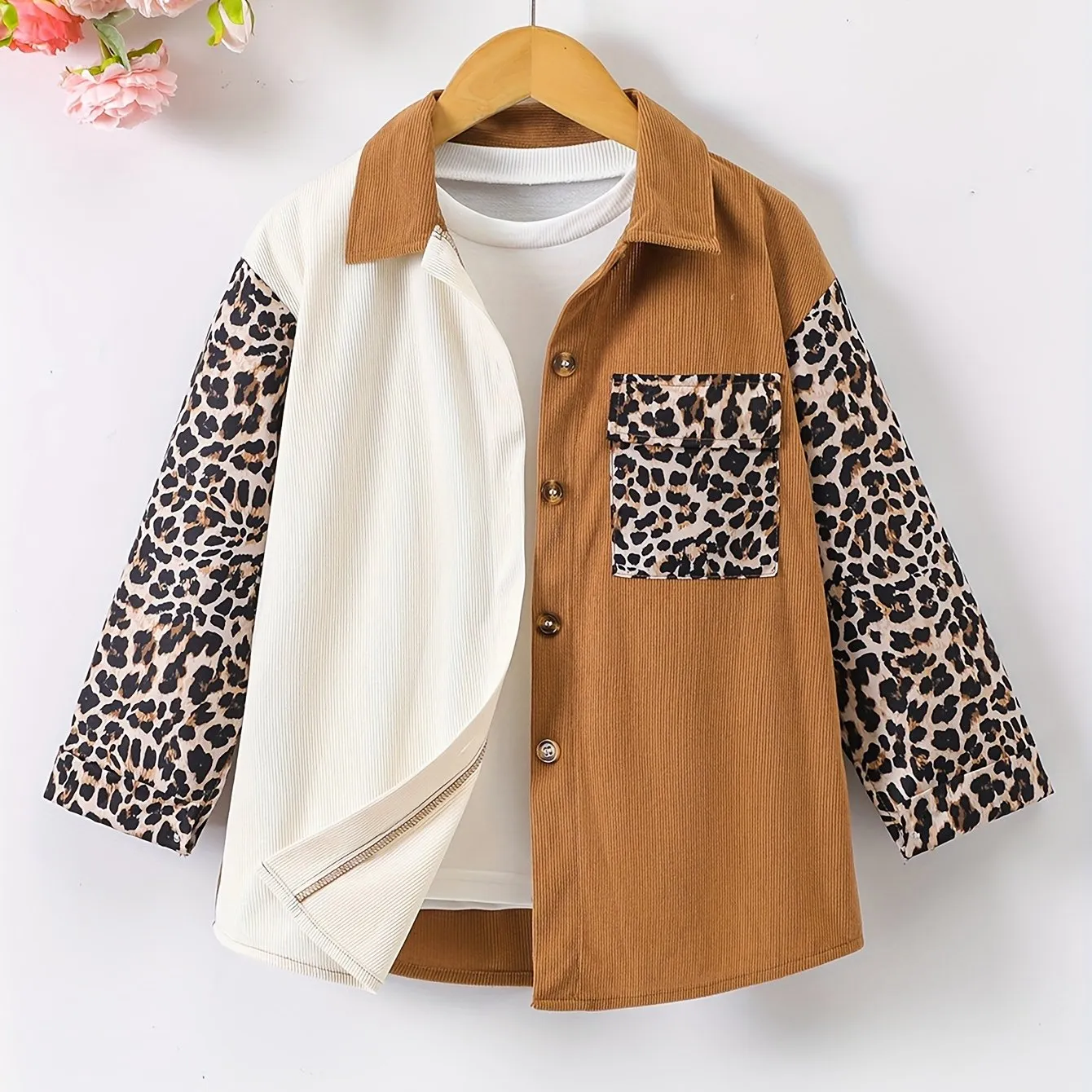 Girls Stylish Leopard Contrast Color Corduroy Long Sleeve Jacket Shirt Top With Pocket, Spring/Fall Clothing