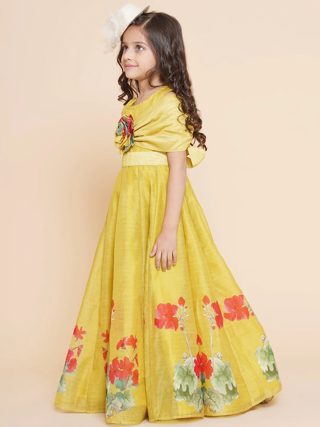 Girls Yellow Floral Printed Dress