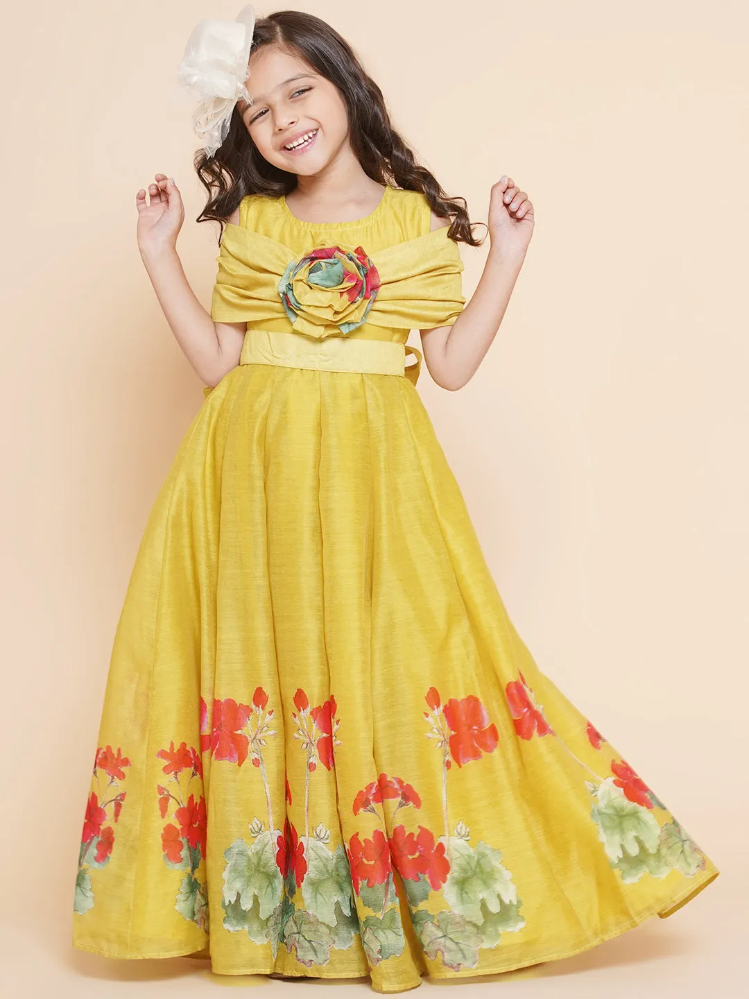 Girls Yellow Floral Printed Dress