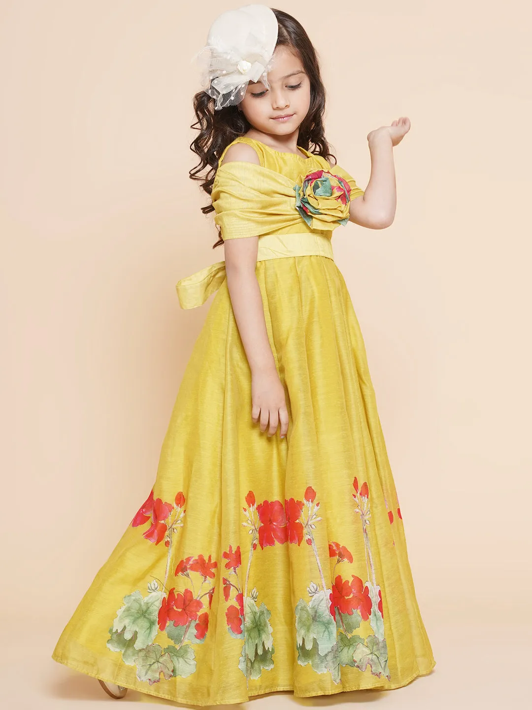 Girls Yellow Floral Printed Dress