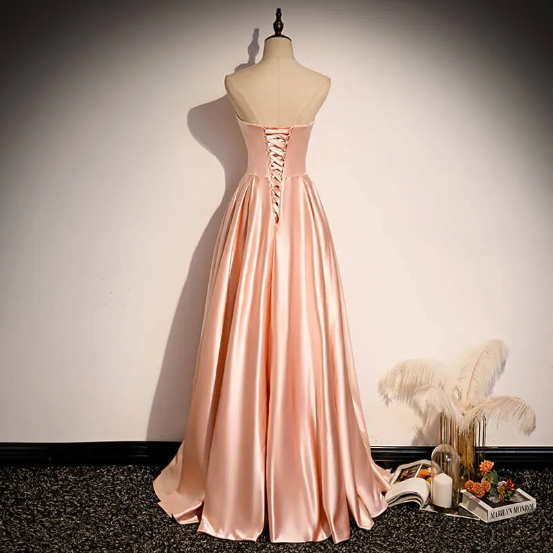 Glamorous Strapless Pink Prom Dresses Satin Long Party Dress Formal Prom Dresses